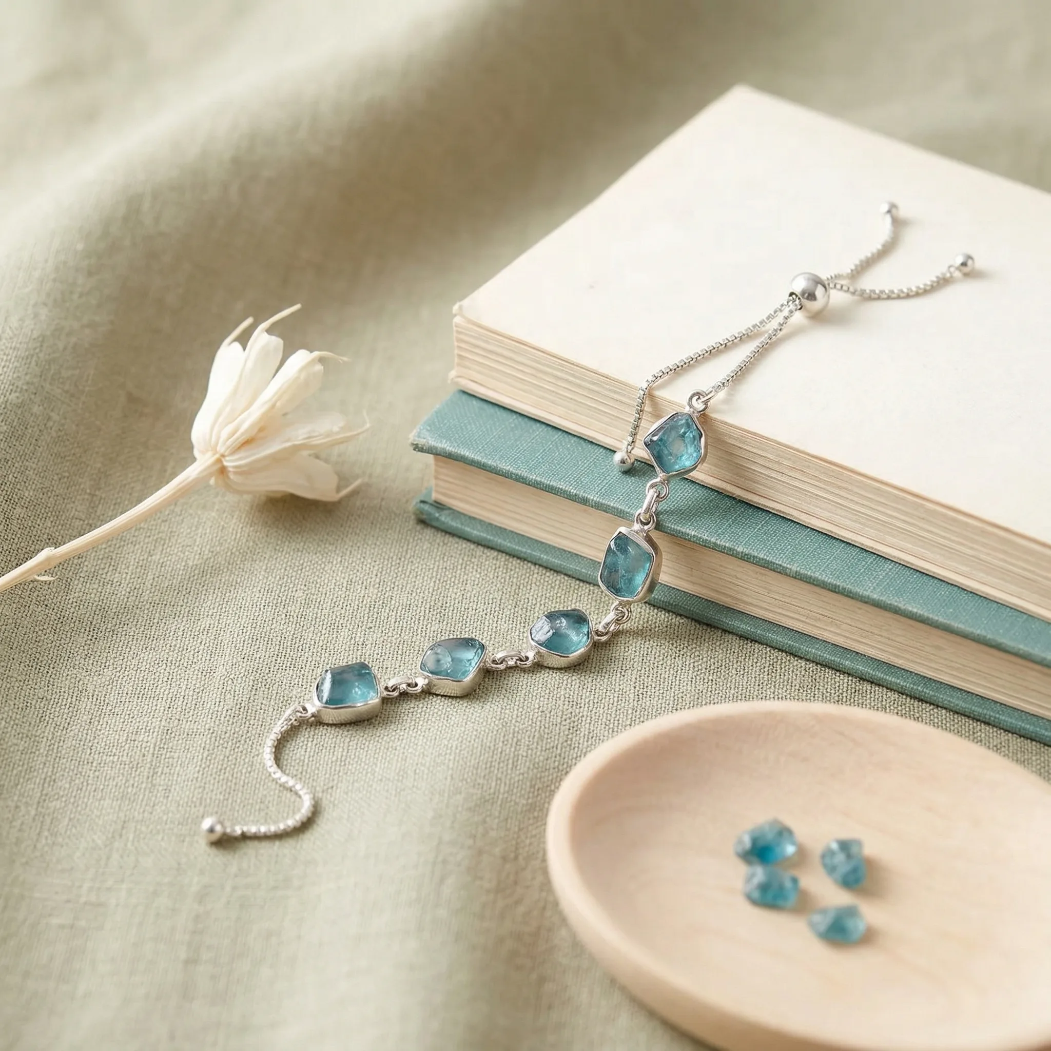 Raw Blue Apatite Sterling Silver Bracelet — AI Etsy product photography — Lifestyle