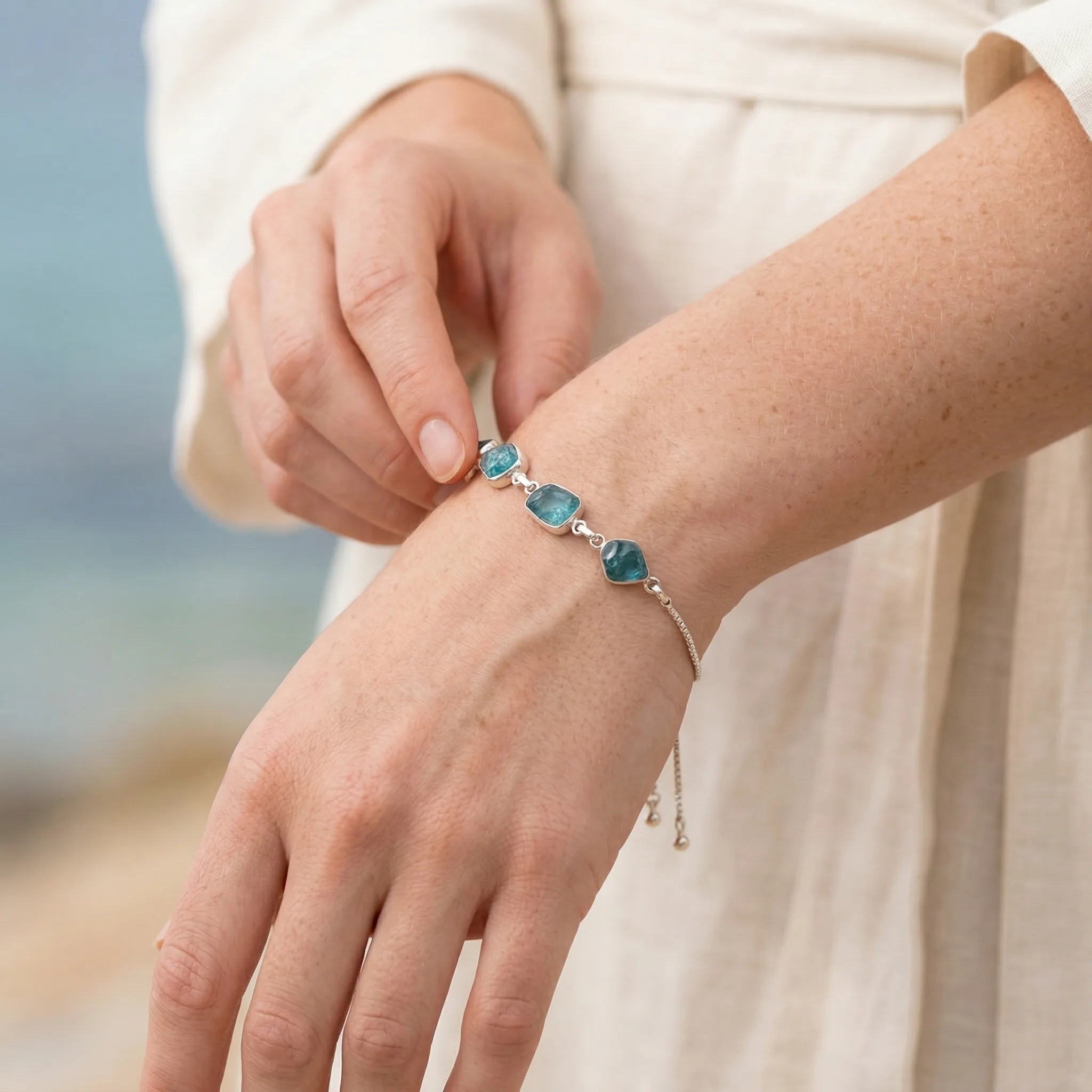 Raw Blue Apatite Sterling Silver Bracelet — AI Etsy product photography — Detail