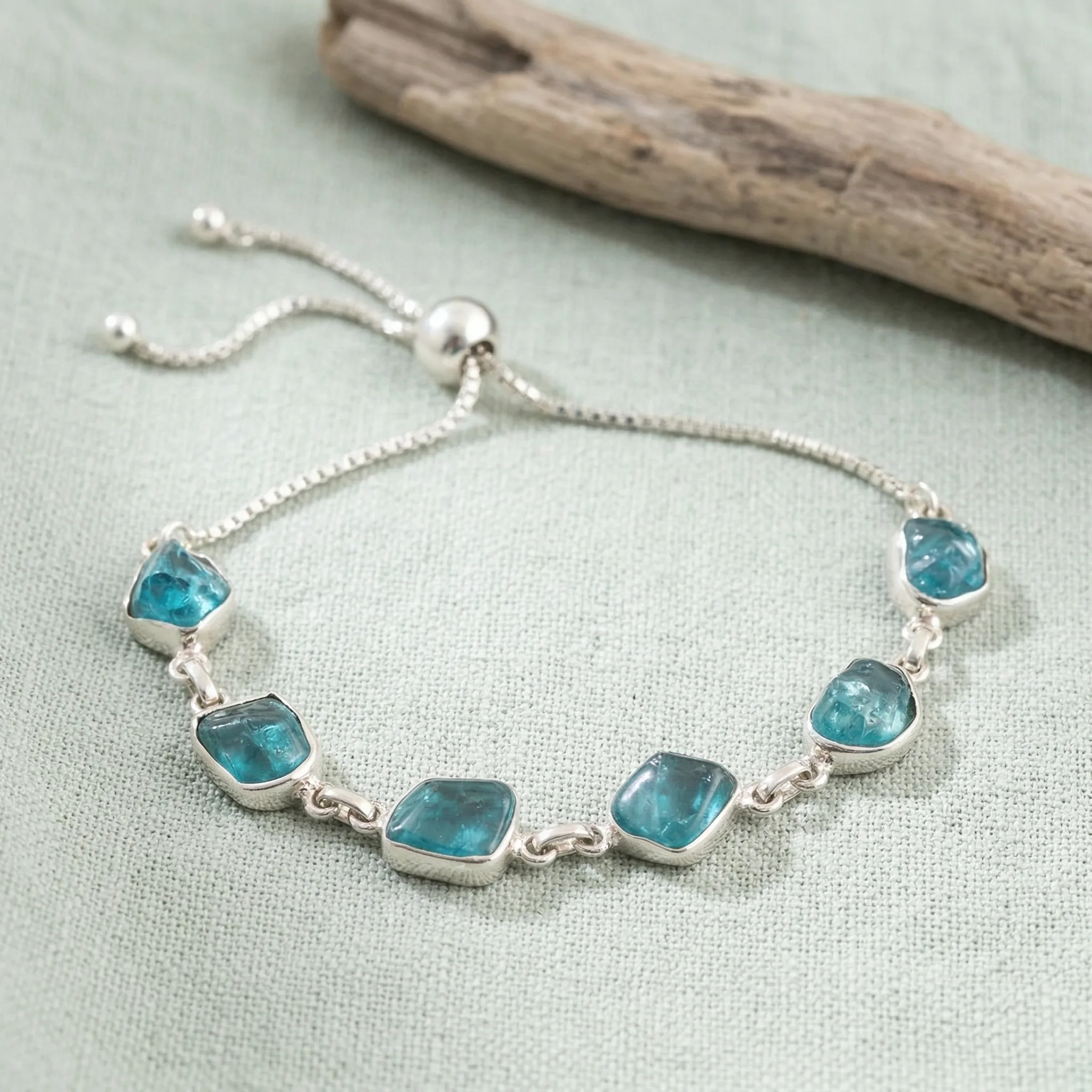 Raw Blue Apatite Sterling Silver Bracelet — AI Etsy product photography — In-Use
