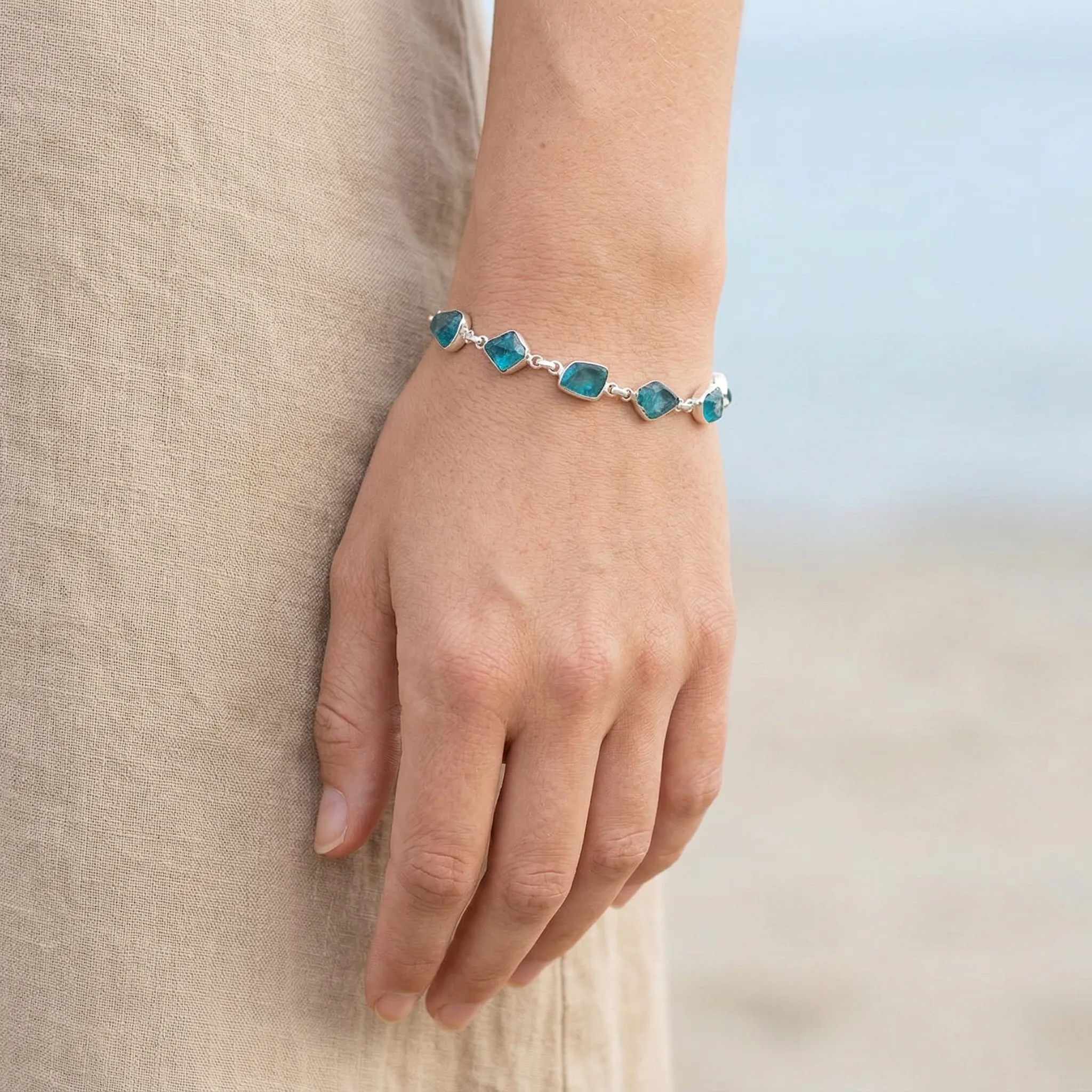 Raw Blue Apatite Sterling Silver Bracelet — AI Etsy product photography — Close-Up
