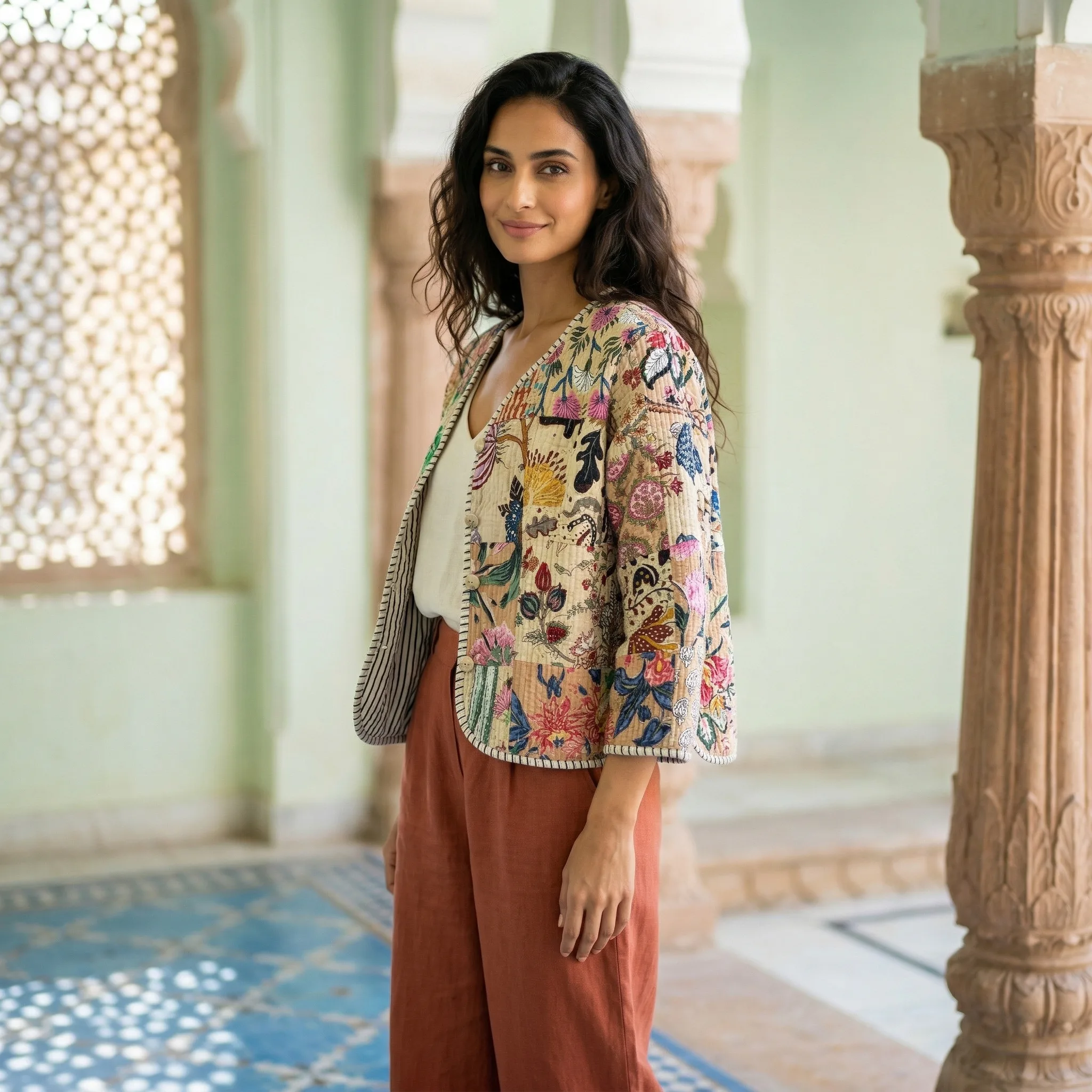 Quilted Floral Patchwork Jacket — AI Etsy product photography — In-Use