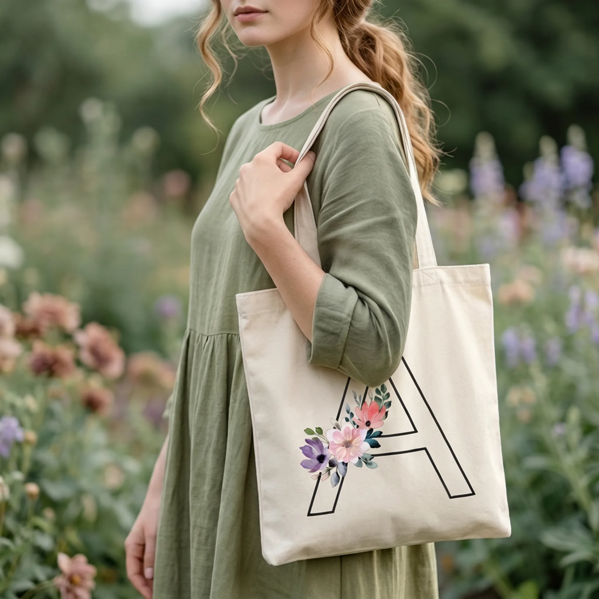 Personalized Tote Bag with Floral Initial — AI Etsy product photography — In-Use