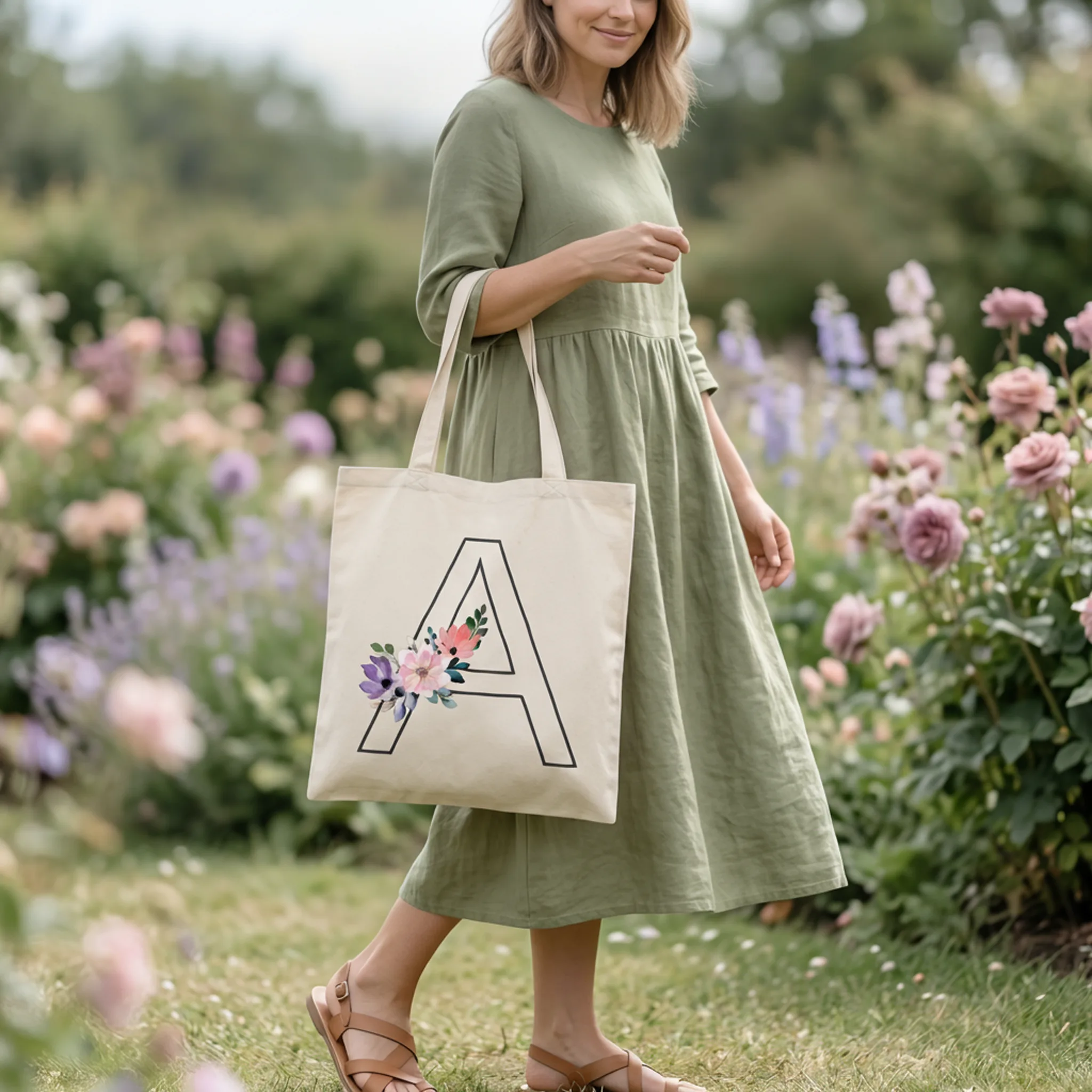 Personalized Tote Bag with Floral Initial — AI Etsy product photography — Feature