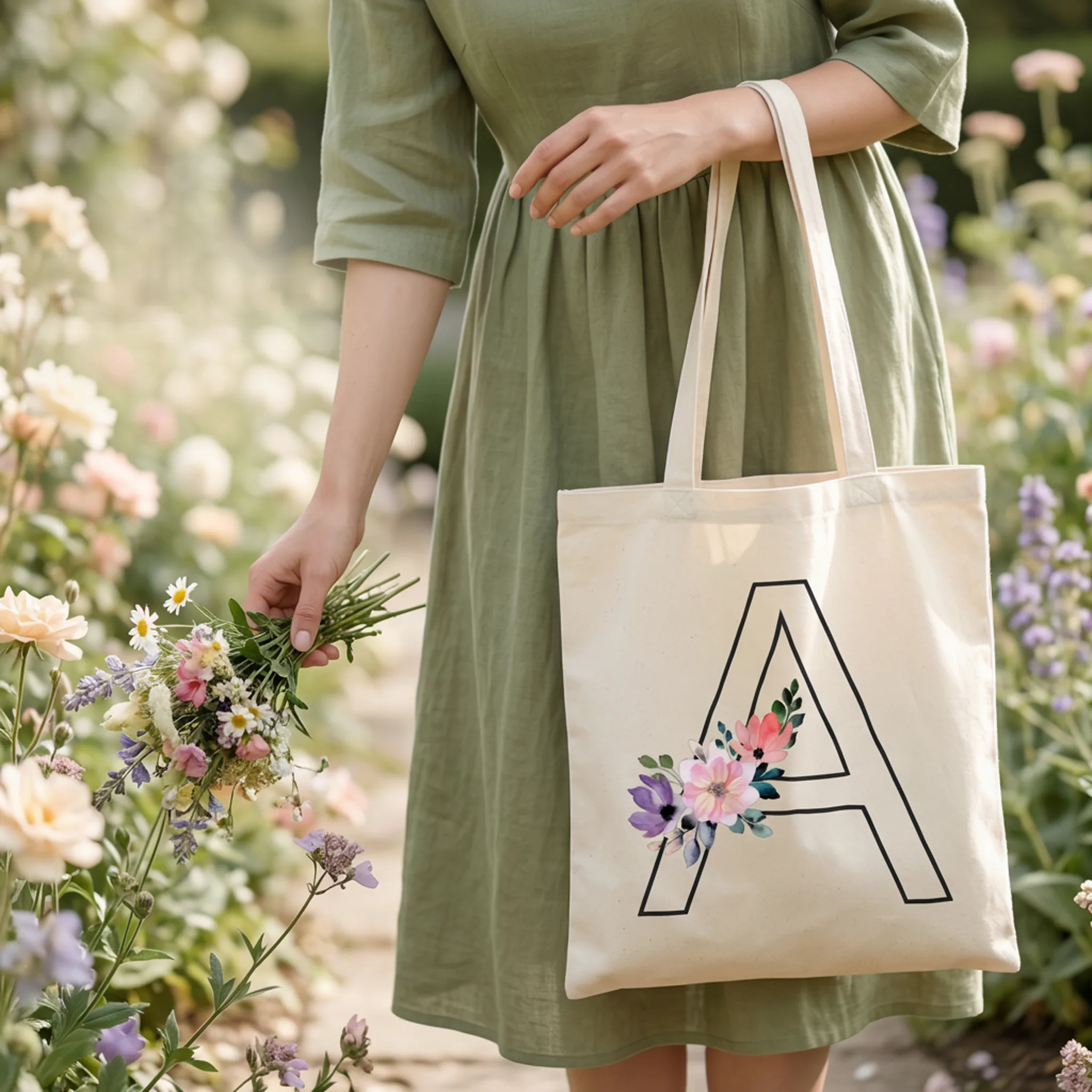 Personalized Tote Bag with Floral Initial — AI Etsy product photography — Scale