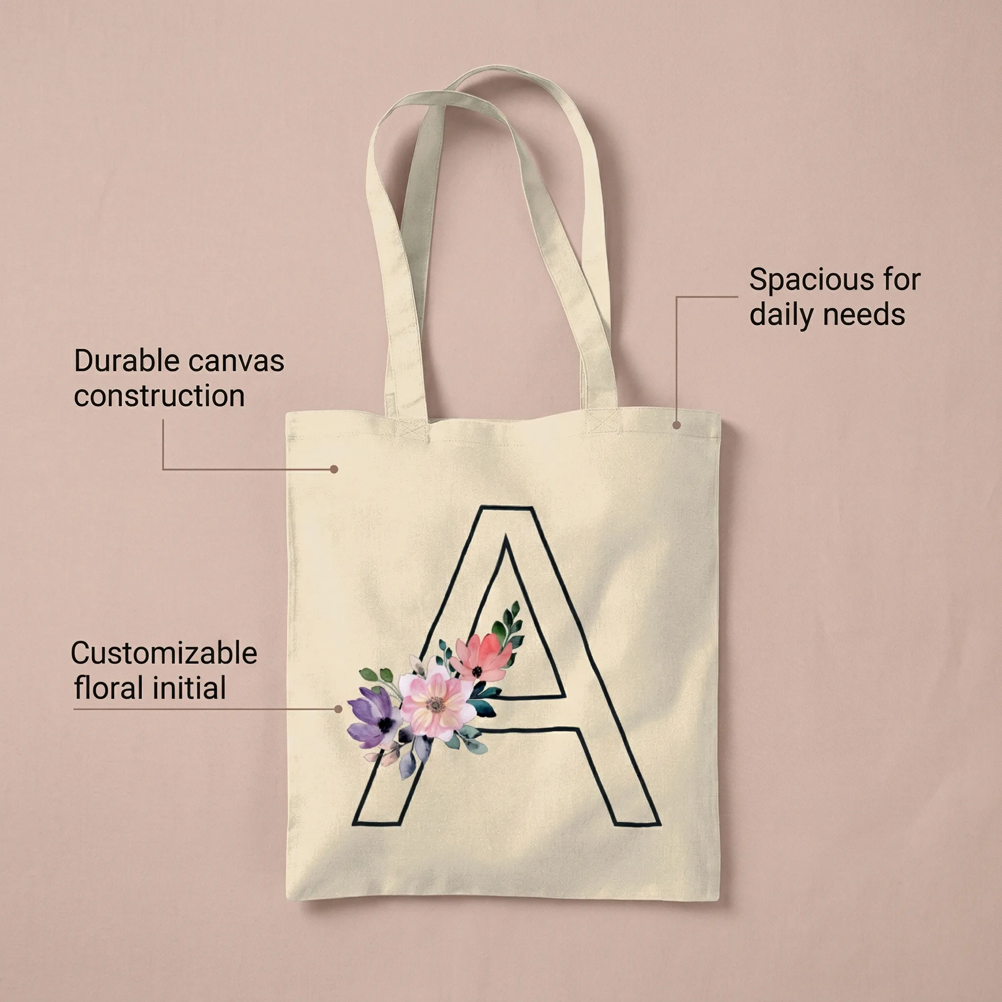 Personalized Tote Bag with Floral Initial — AI Etsy product photography — Variant