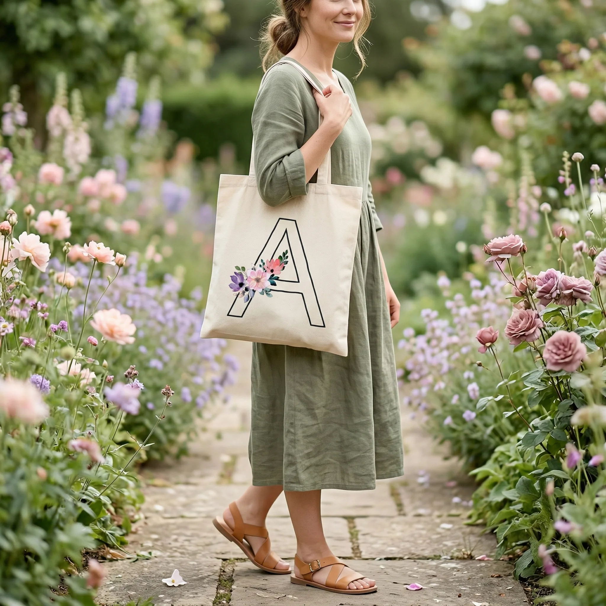Personalized Tote Bag with Floral Initial — AI Etsy product photography — Packaging