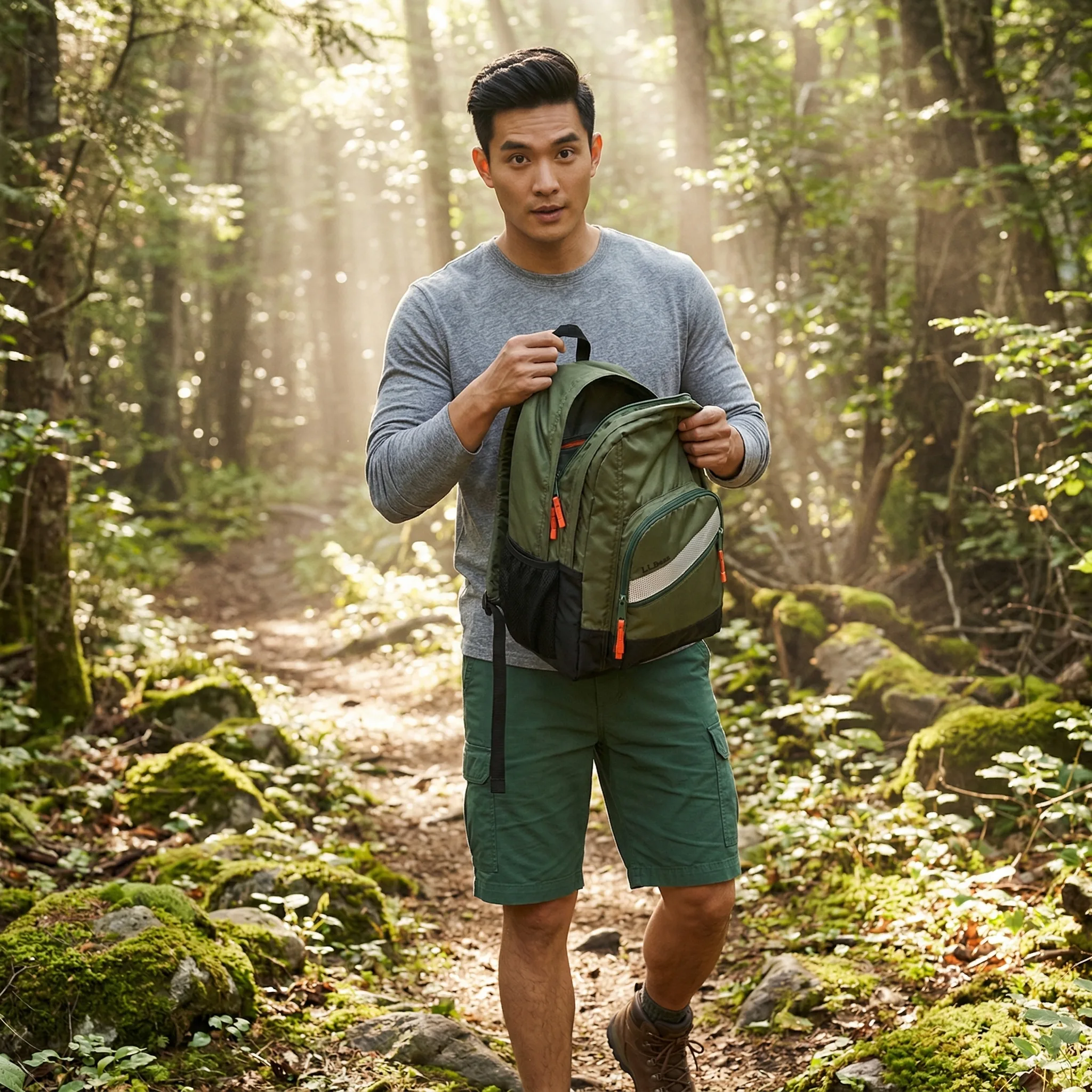 Olive Green Nylon Backpack — AI product photography — Studio & Lifestyle view 2