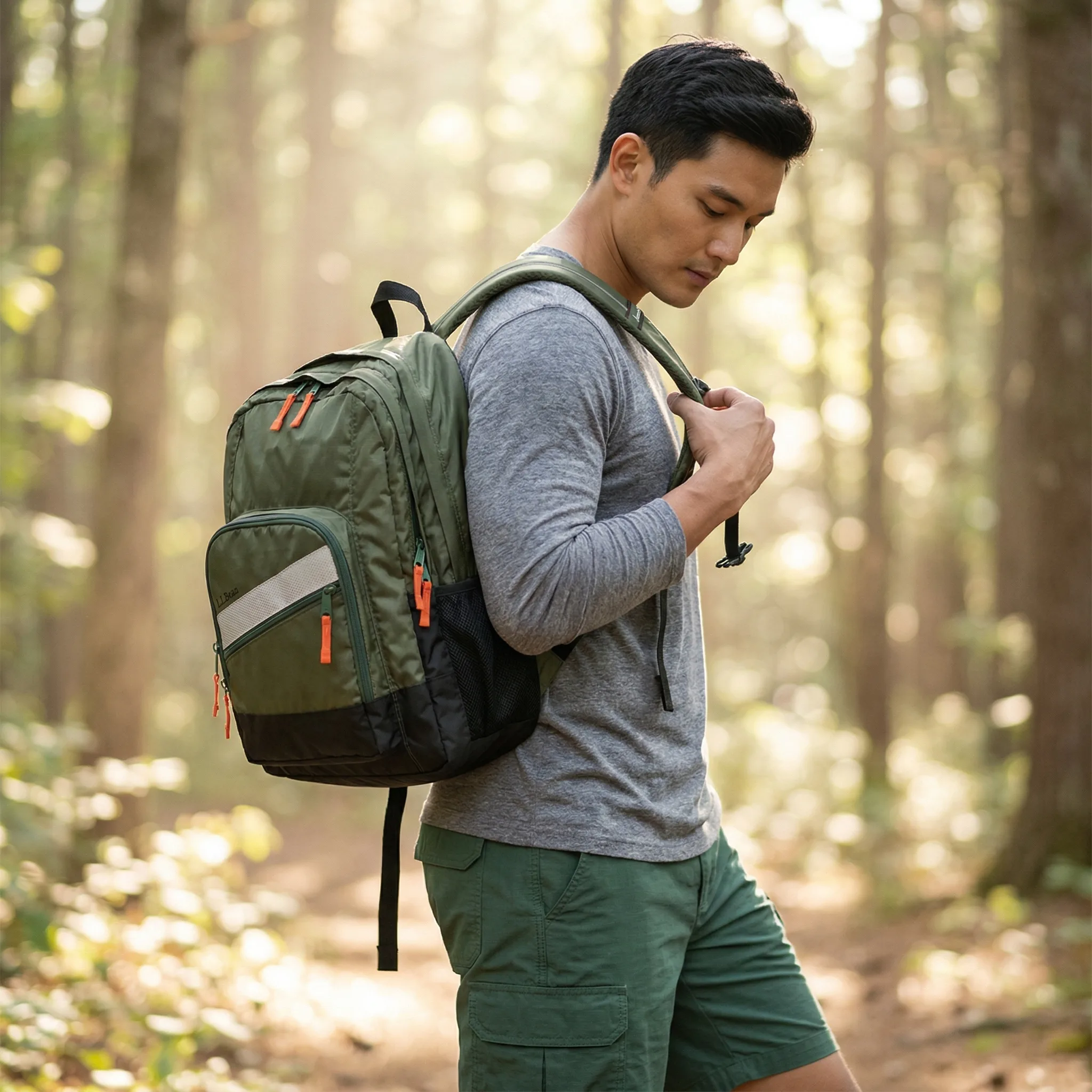 Olive Green Nylon Backpack — AI product photography — Studio & Lifestyle view 4
