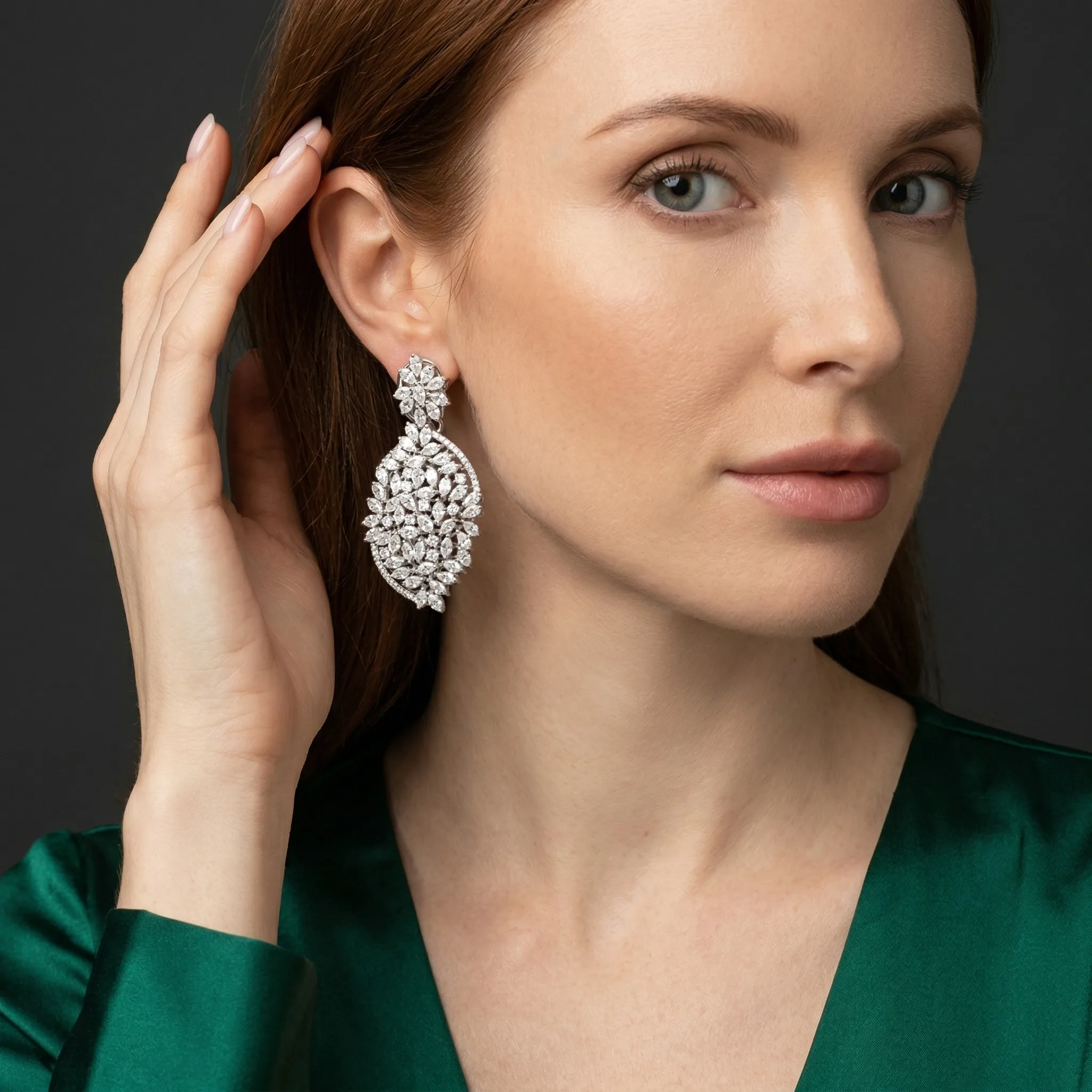 Silver Chandelier Earrings — AI fashion model photography — Studio scene 3