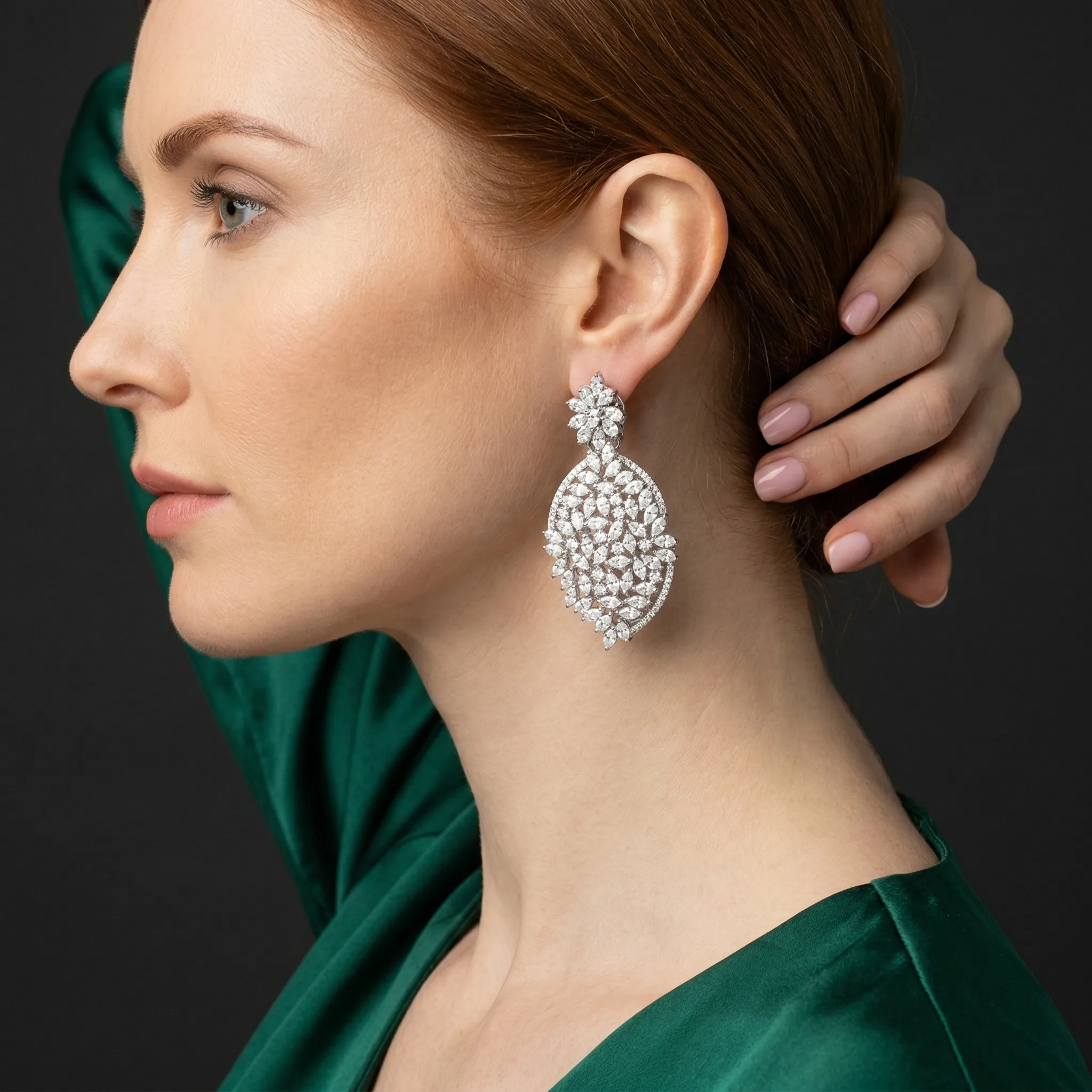 Silver Chandelier Earrings — AI fashion model photography — Studio scene 4