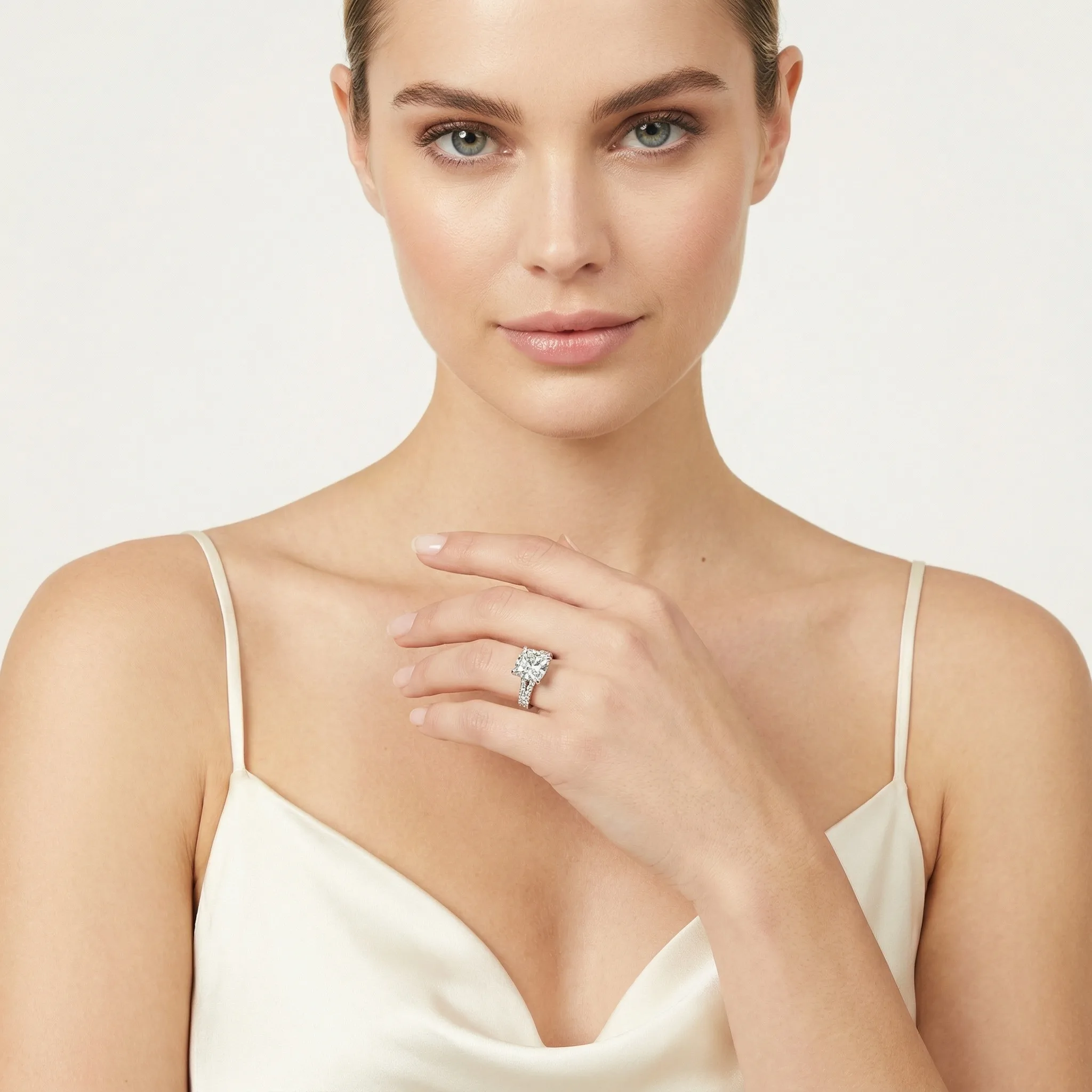 Cushion Cut Diamond Engagement Ring — AI fashion model photography — Studio scene 1