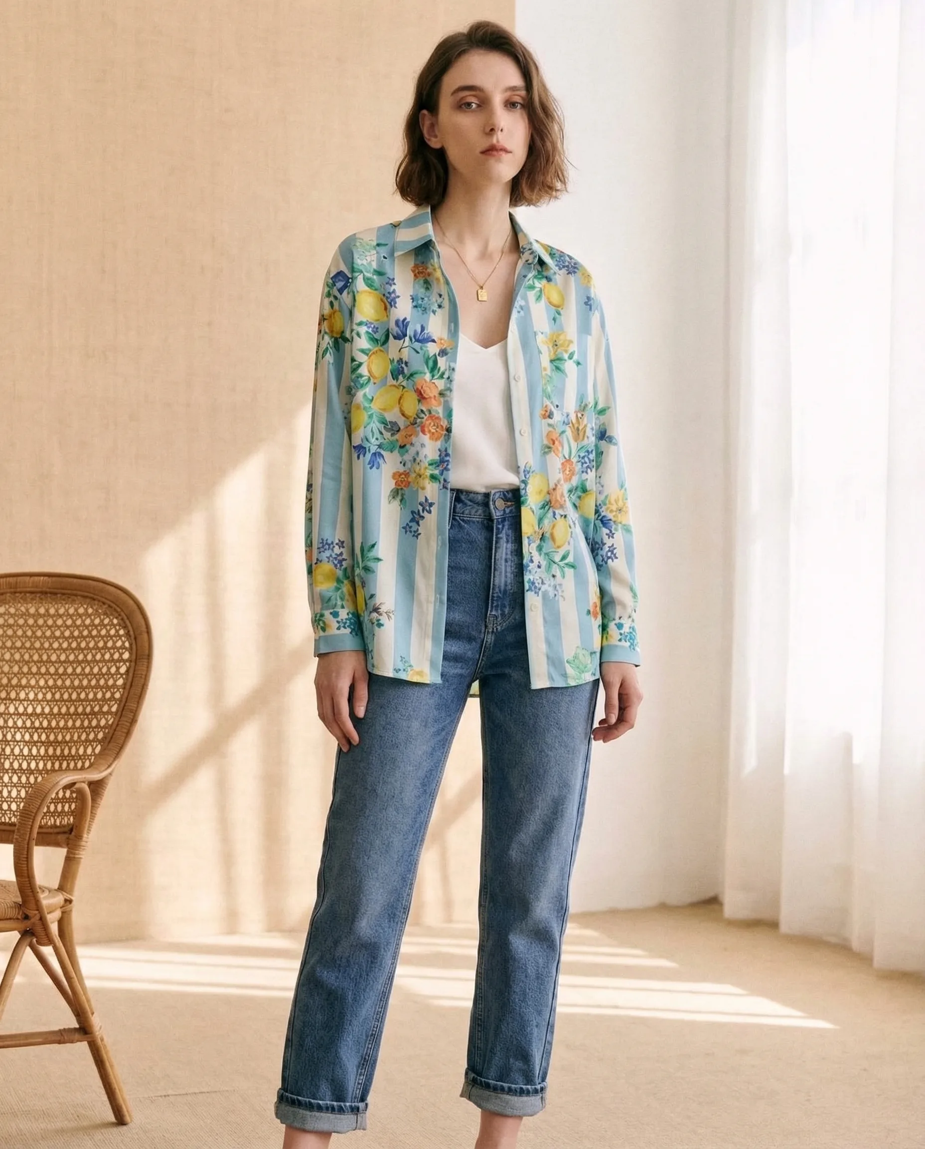 AI-generated floral stripe shirt product photo — Fashion example
