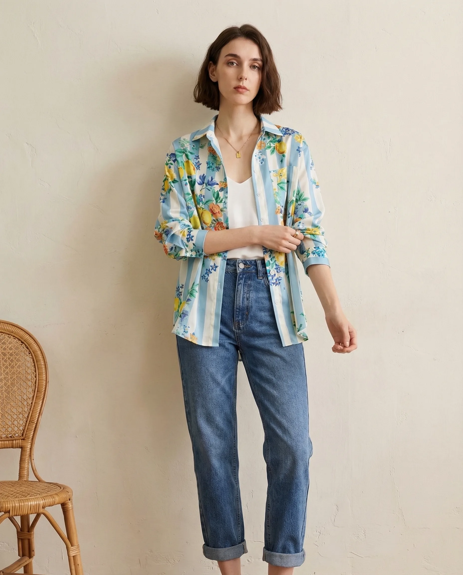 Floral Stripe Button Shirt — AI fashion model photography — Indoor scene 3