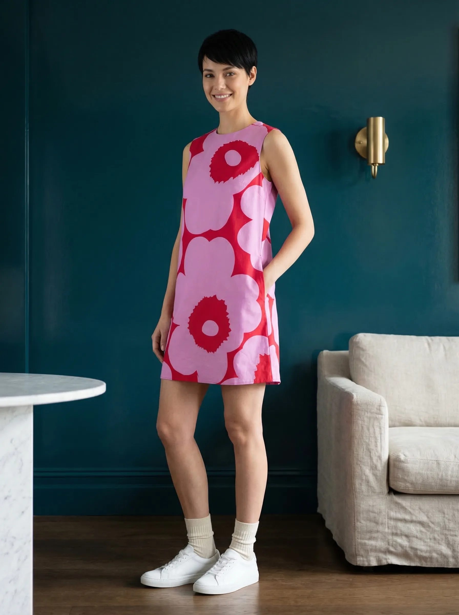 Pink Floral Shift Dress — AI fashion model photography — Indoor scene 2