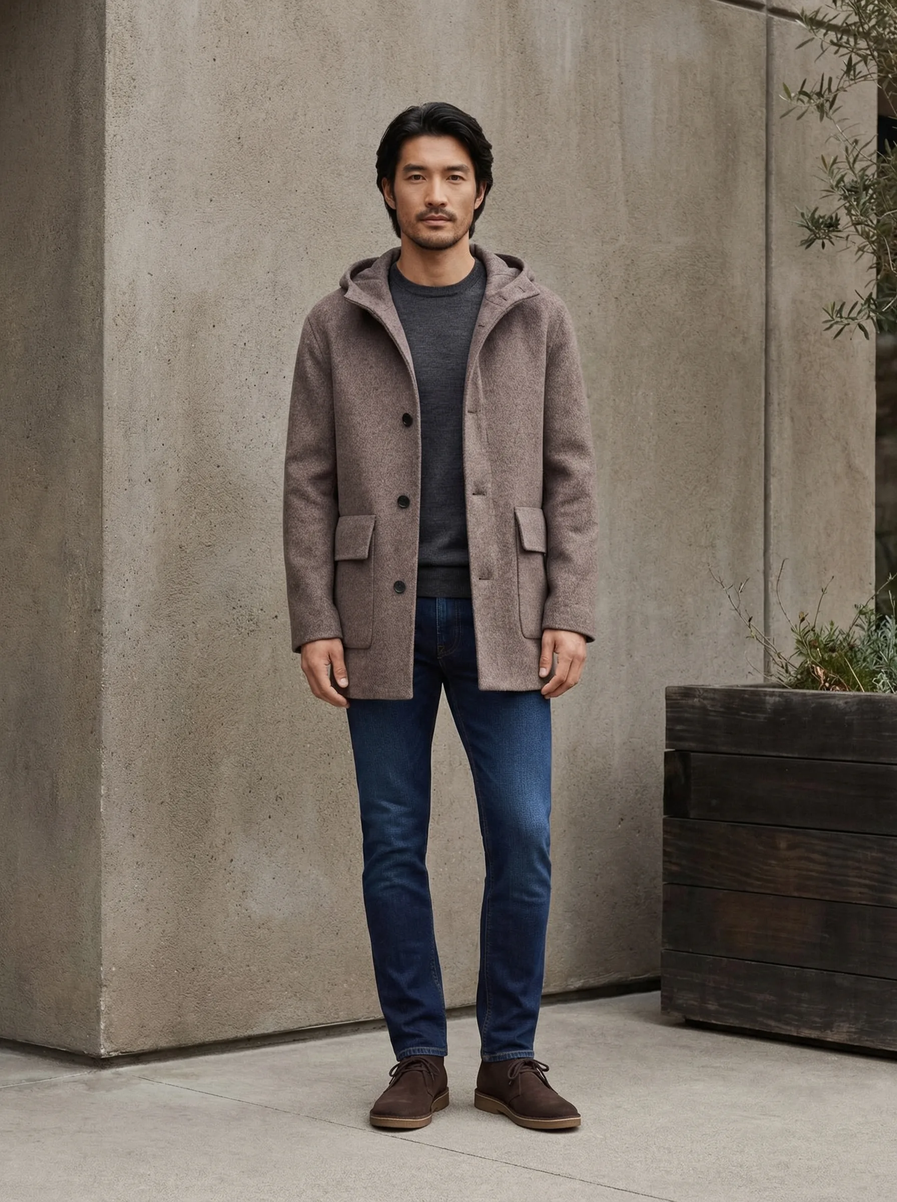 AI-generated taupe hooded coat product photo — Fashion example