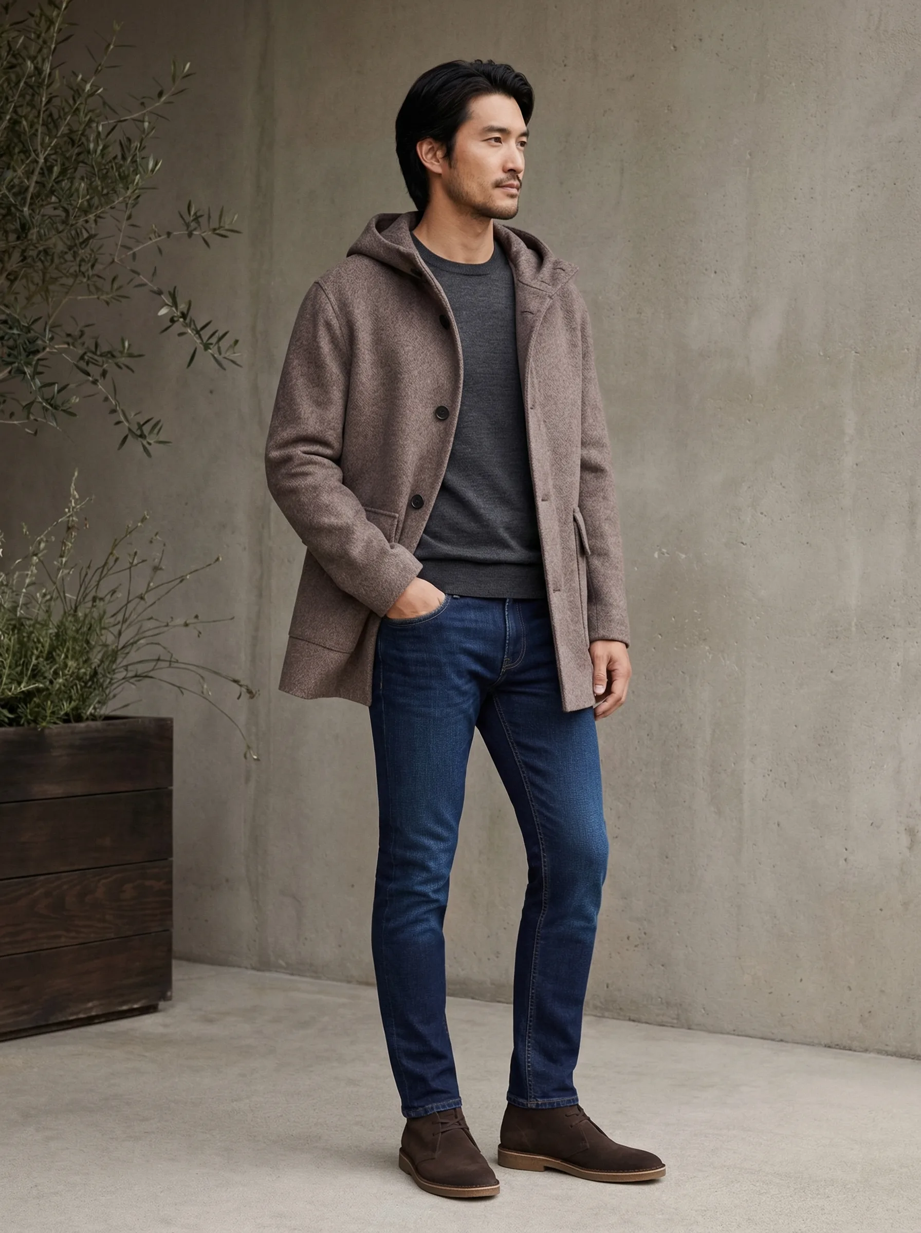 Men's Taupe Hooded Coat — AI fashion model photography — Outdoor scene 2