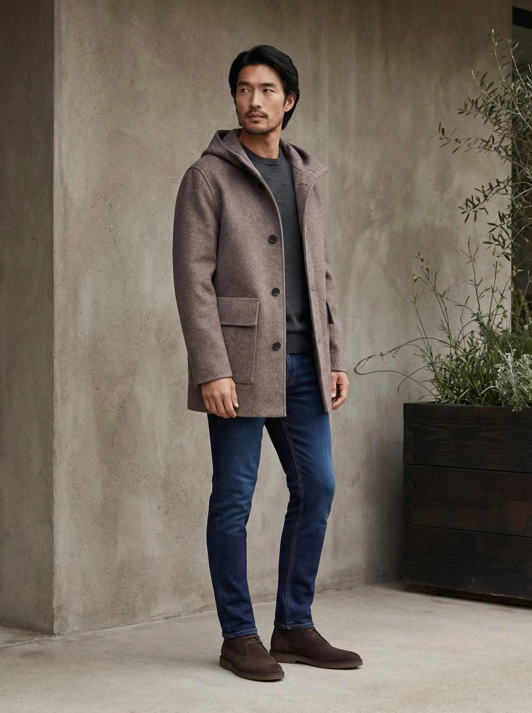 Men's Taupe Hooded Coat — AI fashion model photography — Outdoor scene 3