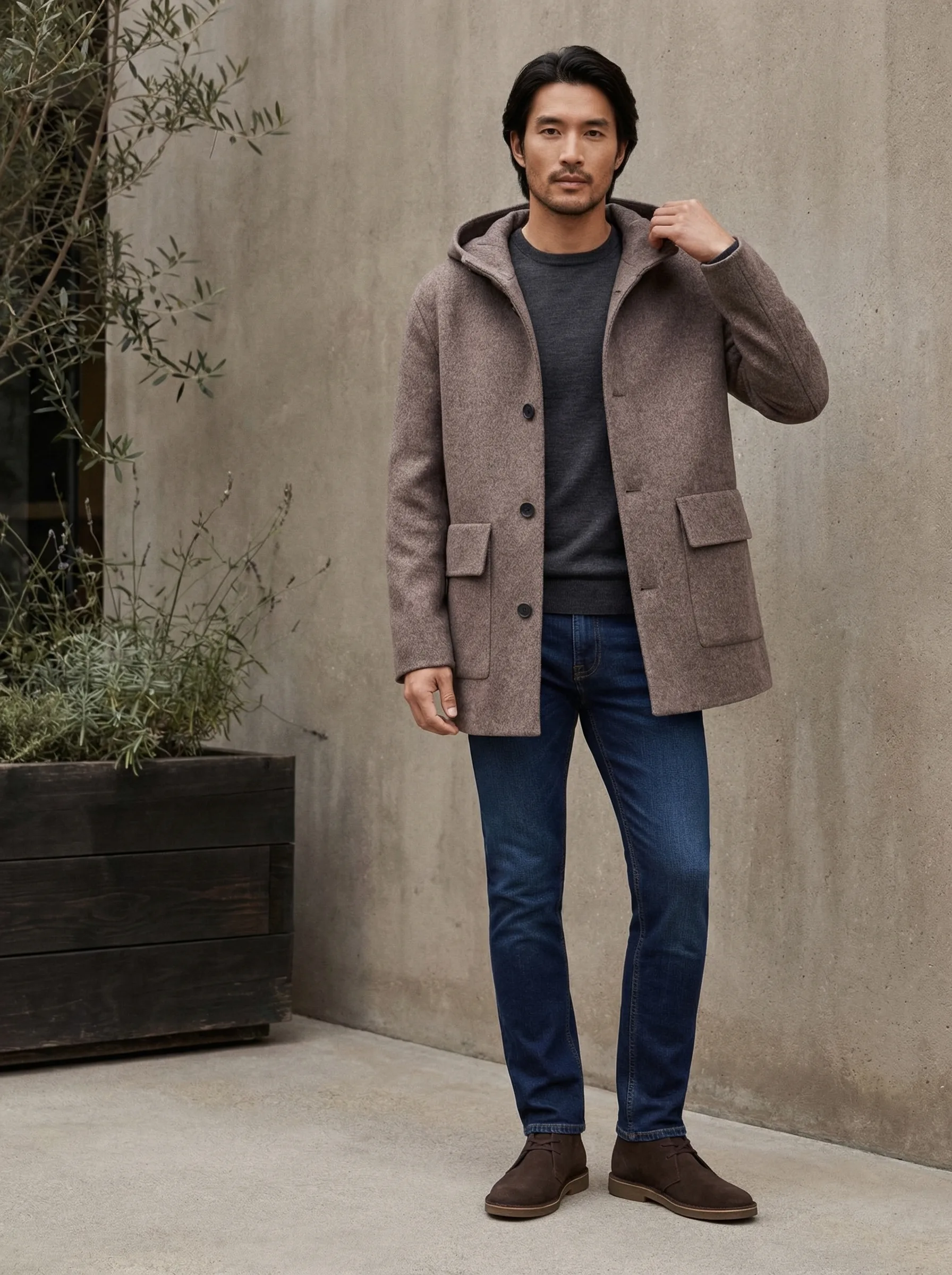 Men's Taupe Hooded Coat — AI fashion model photography — Outdoor scene 4