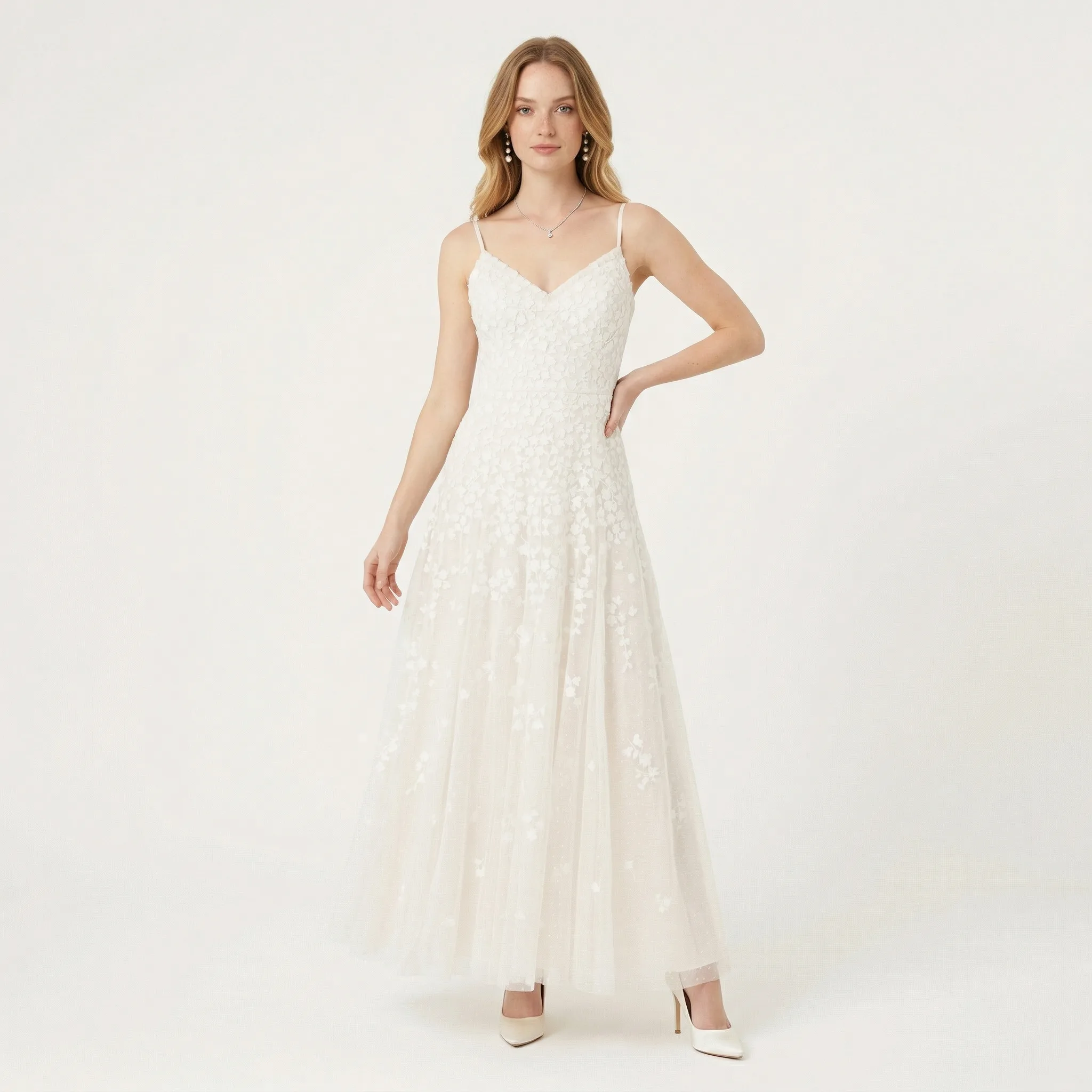 White Floral Lace Maxi Dress — AI fashion model photography — Indoor scene 2