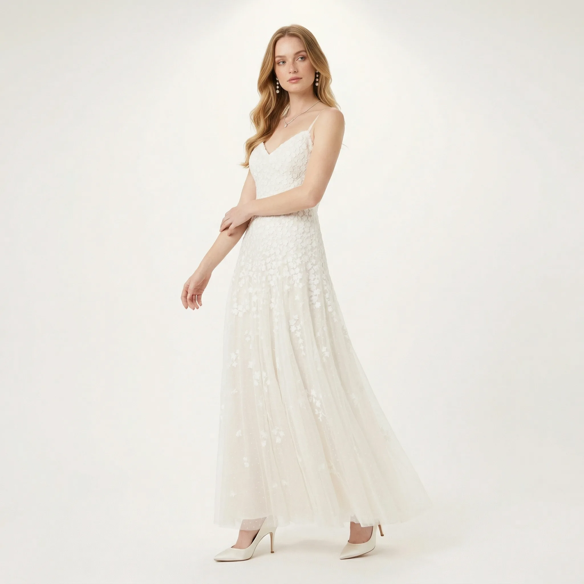 White Floral Lace Maxi Dress — AI fashion model photography — Indoor scene 3