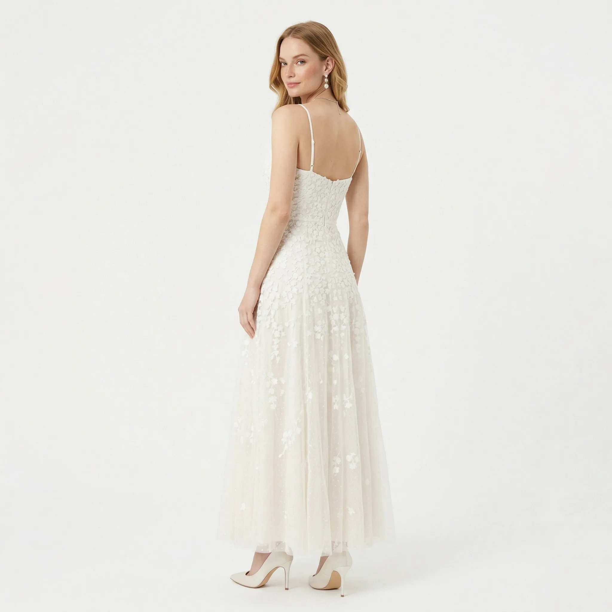 White Floral Lace Maxi Dress — AI fashion model photography — Indoor scene 4
