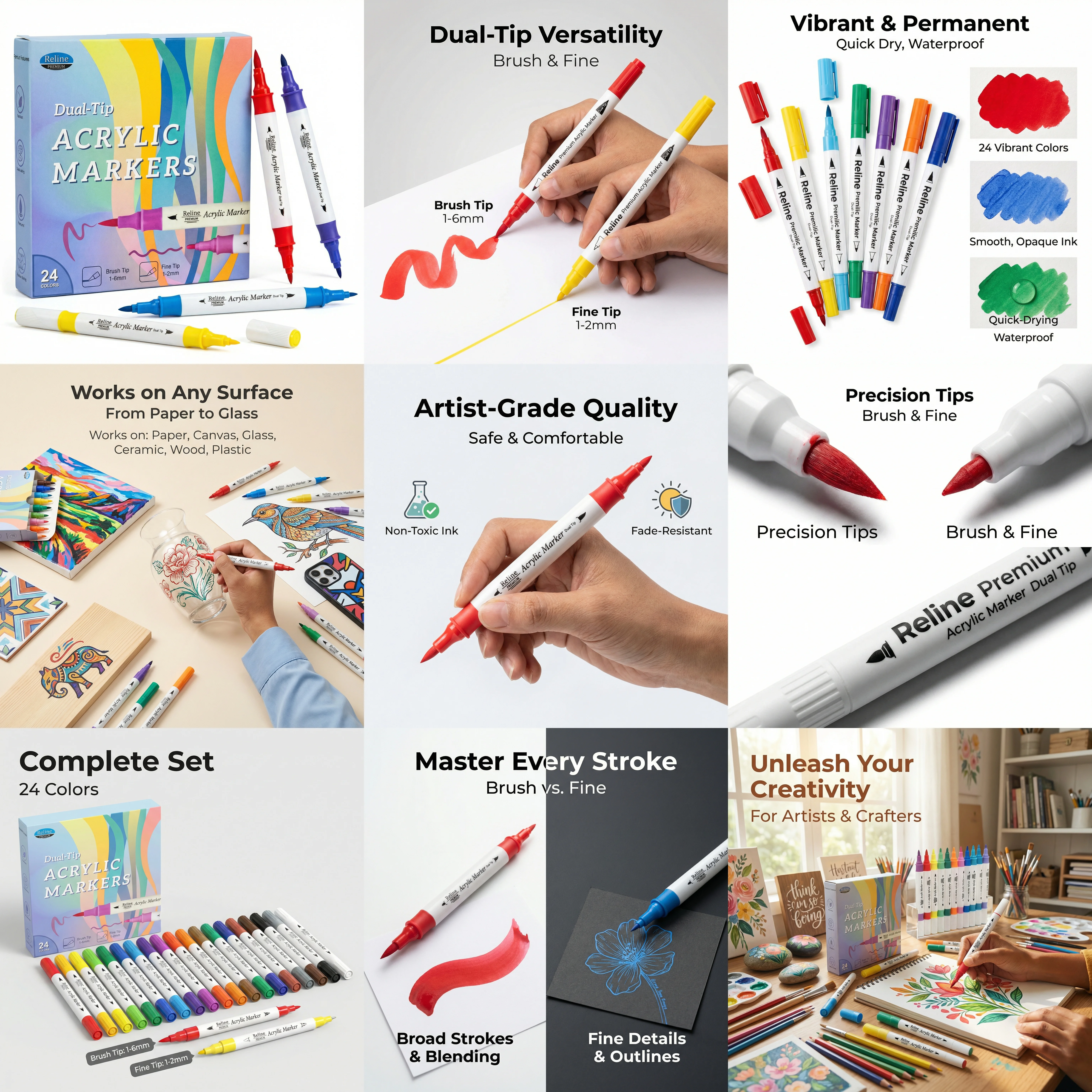 9 professional Amazon product image variations including hero image with white background, infographics, lifestyle shots, comparison images, detail close-ups, size references, quality showcases, and more